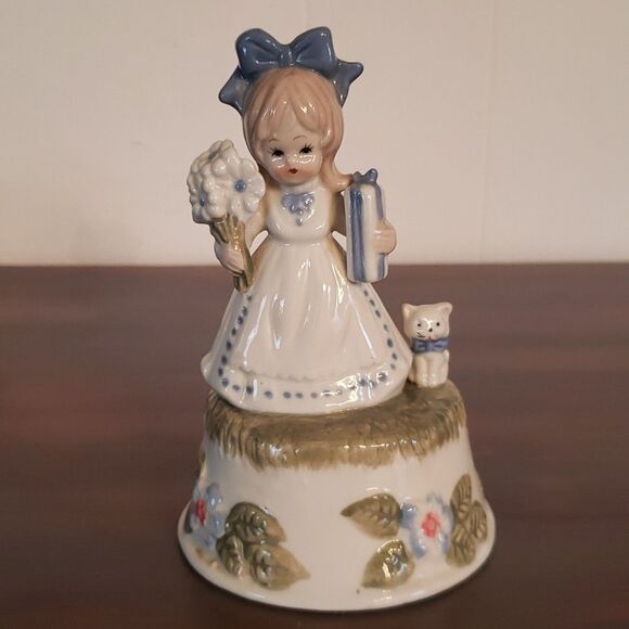 Cute Vintage Little Girl with Kitten Porcelain Music Box - Picture 1 of 8
